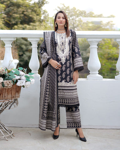 Designer Three Piece | Digital Printed Embroidered | Premium Doria Khaddar