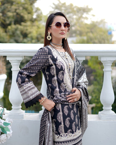 Designer Three Piece | Digital Printed Embroidered | Premium Doria Khaddar