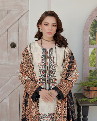 Designer Three Piece | Digital Printed Embroidered | Premium Doria Khaddar