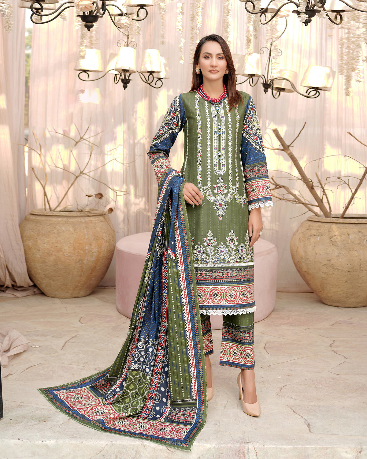 Designer Three Piece | Digital Printed Embroidered | Premium Doria Khaddar