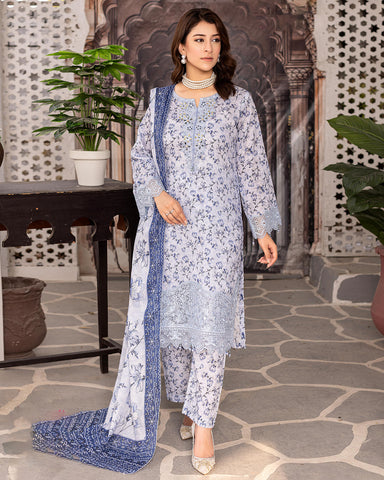 Designer Three Pieces | Printed Embroidered | Voile Lawn