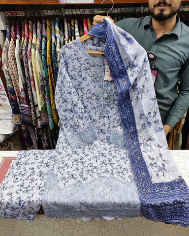 Designer Three Pieces | Printed Embroidered | Voile Lawn
