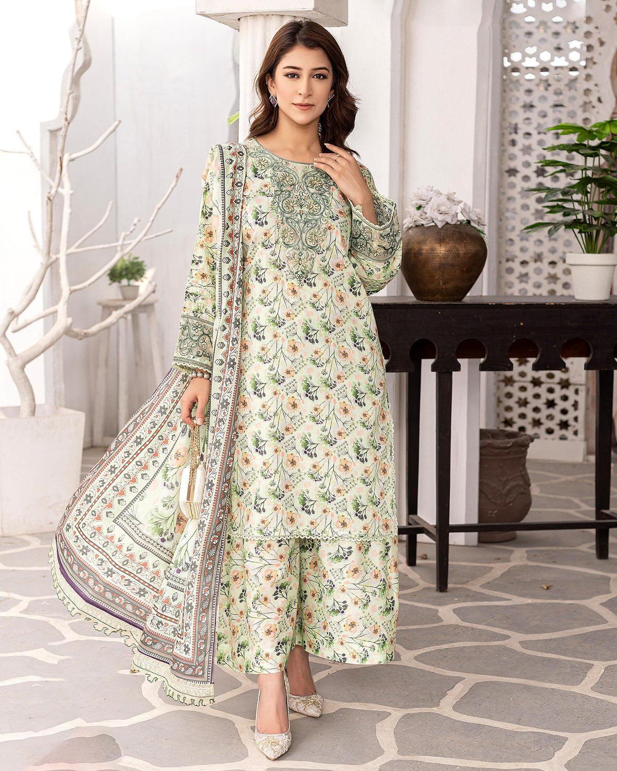 Designer Three Pieces | Printed Embroidered | Voile Lawn