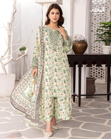 Designer Three Pieces | Printed Embroidered | Voile Lawn