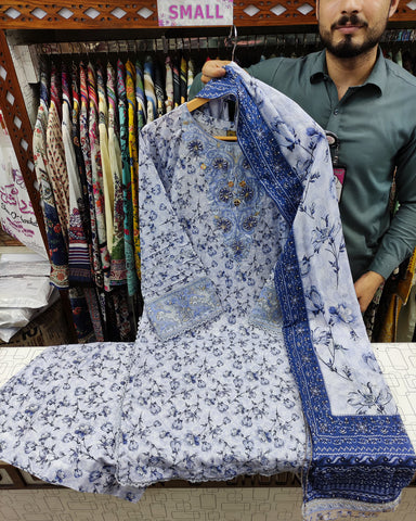 Designer Three Pieces | Printed Embroidered | Voile Lawn