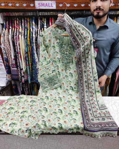 Designer Three Pieces | Printed Embroidered | Voile Lawn