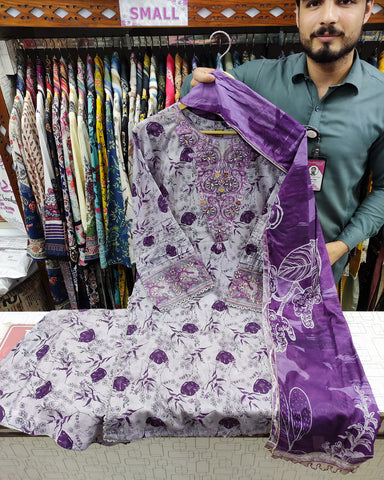 Designer Three Pieces | Printed Embroidered | Voile Lawn