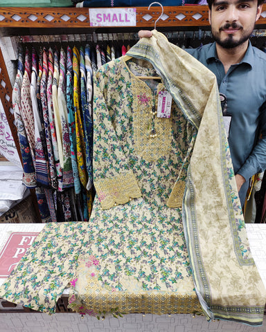 Designer Three Pieces | Printed Embroidered | Voile Lawn