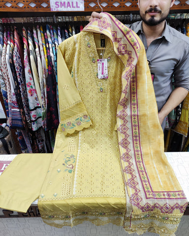 Designer Three Pieces | All Over Schiffli Embroidered | Airjet Lawn