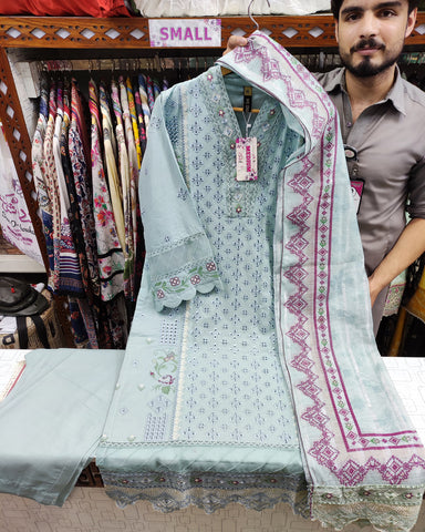Designer Three Pieces | All Over Schiffli Embroidered | Airjet Lawn