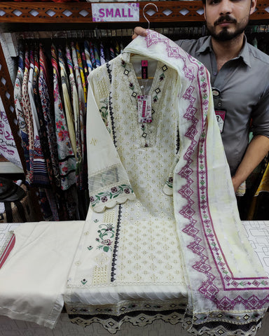 Designer Three Pieces | All Over Schiffli Embroidered | Airjet Lawn