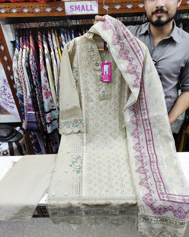 Designer Three Pieces | All Over Schiffli Embroidered | Airjet Lawn