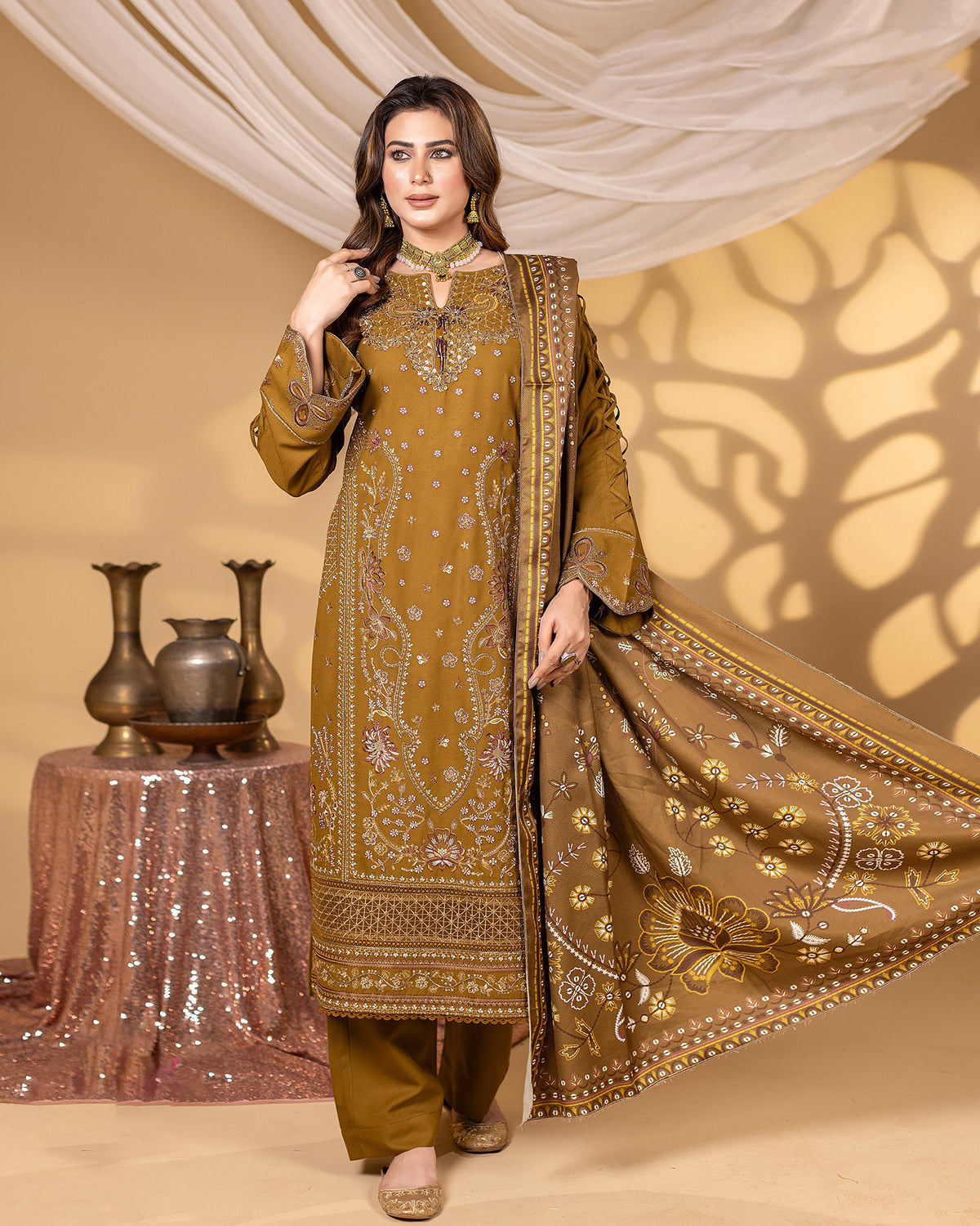 Designer Three Pieces | Long H/Work | Winter Dhanak