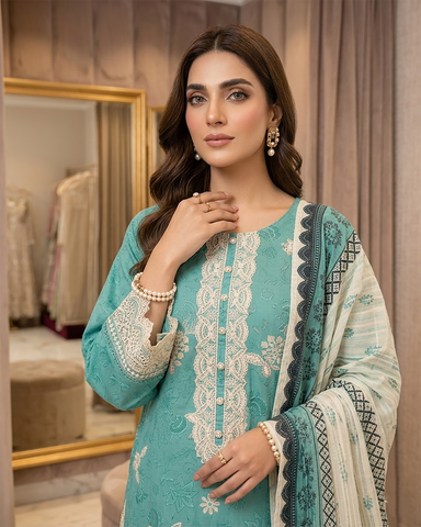 Designer Three Piece | Embroidered - Charbagh | Premium Printed Lawn
