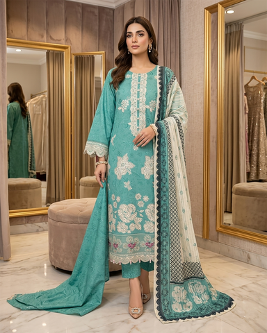 Designer Three Piece | Embroidered - Charbagh | Premium Printed Lawn