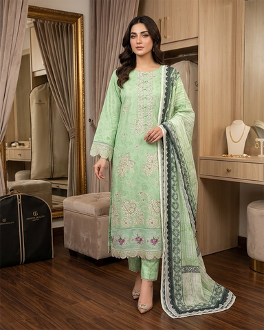 Designer Three Piece | Embroidered - Charbagh | Premium Printed Lawn