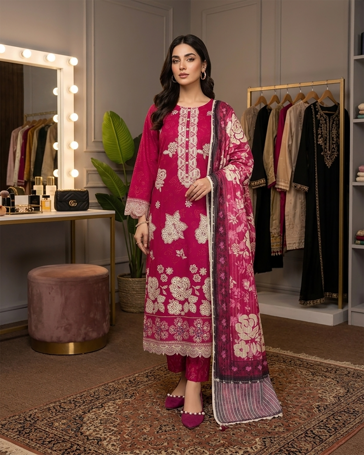 Designer Three Piece | Embroidered - Charbagh | Premium Printed Lawn