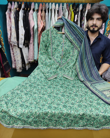 Printed Three Piece | Desginer Long Frock - Areej Casual | Premium Lawn