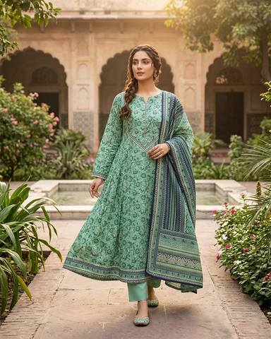 Printed Three Piece | Desginer Long Frock - Areej Casual | Premium Lawn