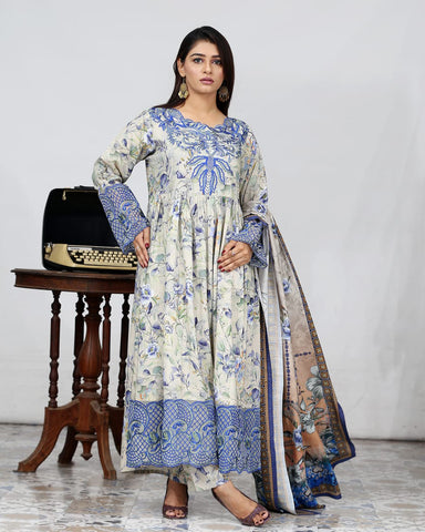 Designer Embroidered Three Piece Maxi/ Frock | Floral Printed | Bana Dora Marina