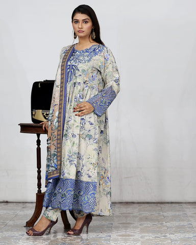 Designer Embroidered Three Piece Maxi/ Frock | Floral Printed | Bana Dora Marina