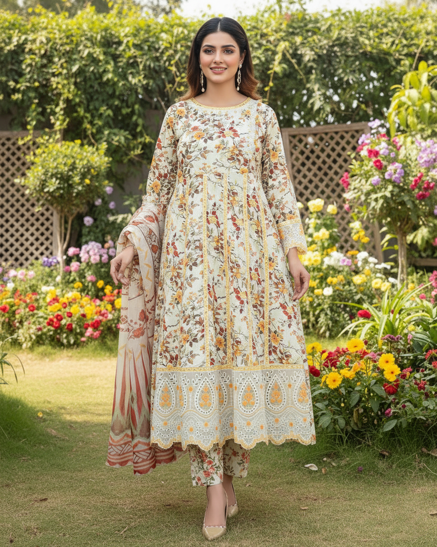 Designer Three Piece Frock | Masakali 9mm | Winter Cotton