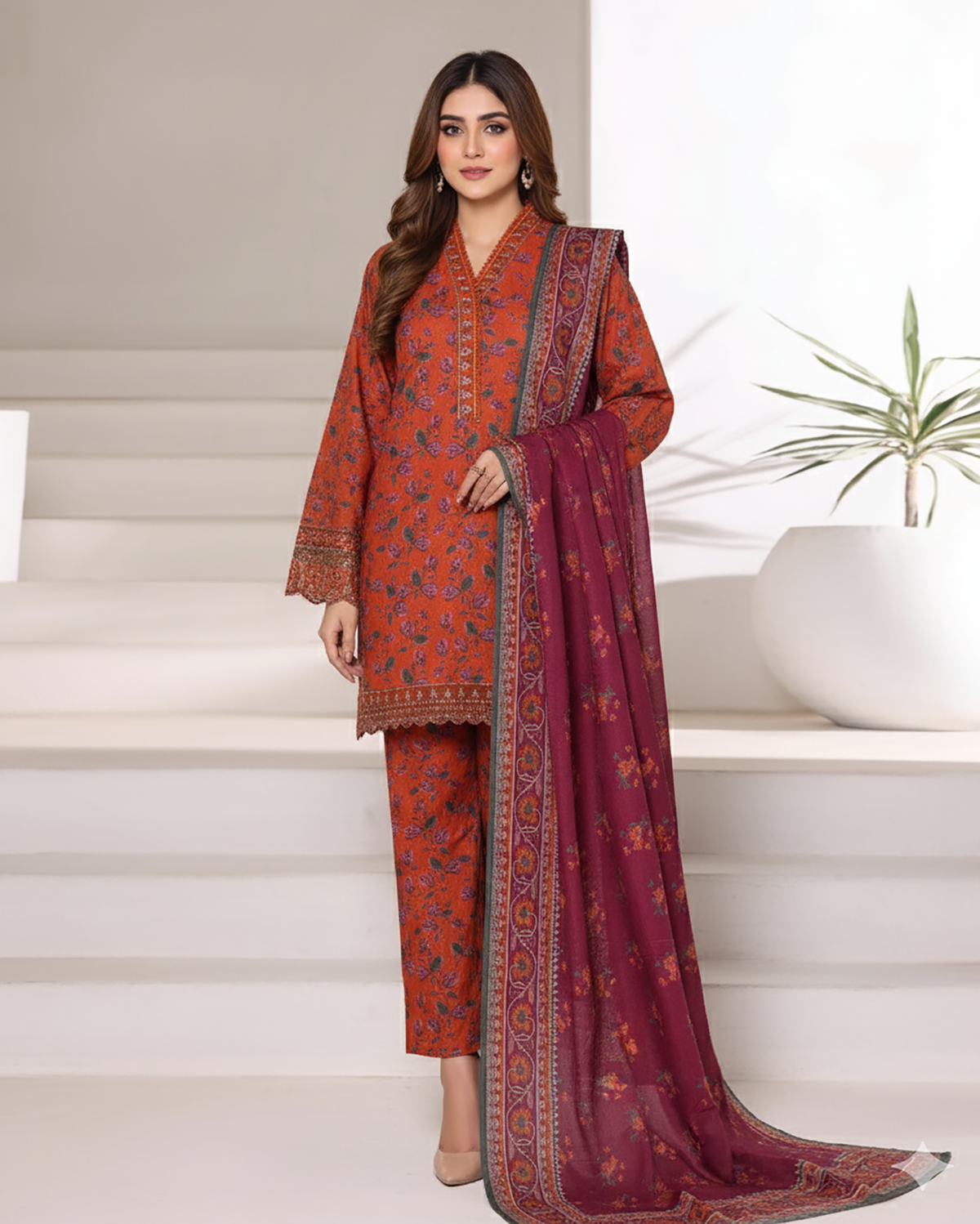 Embroidered Three Piece | Designer Printed - Malika | Winter Khaddar