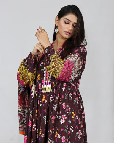 Designer Embroidered Three Piece Maxi/ Frock | Floral Printed | Bana Dora Marina