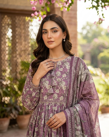 Printed Three Piece | Desginer Long Frock - Areej Casual | Premium Lawn