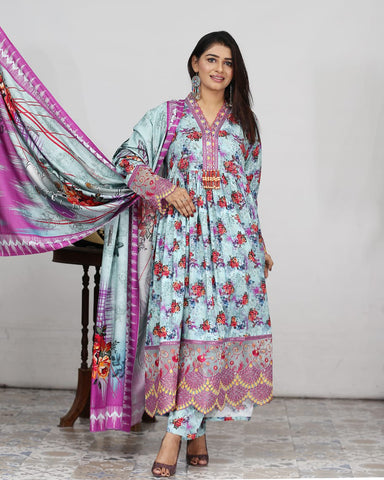 Designer Embroidered Three Piece Maxi/ Frock | Floral Printed | Bana Dora Marina