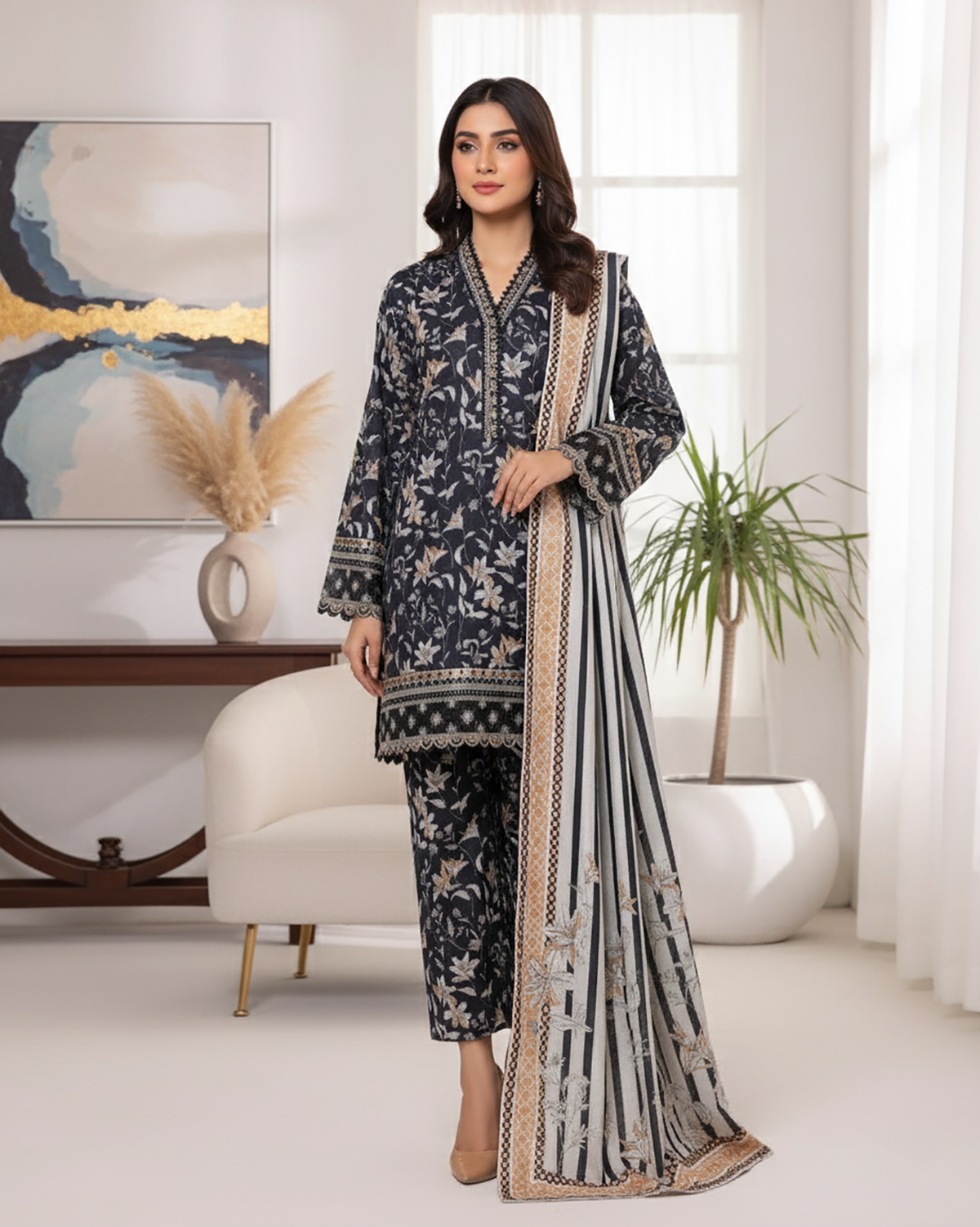 Embroidered Three Piece | Designer Printed - Malika | Winter Khaddar