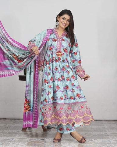 Designer Embroidered Three Piece Maxi/ Frock | Floral Printed | Bana Dora Marina