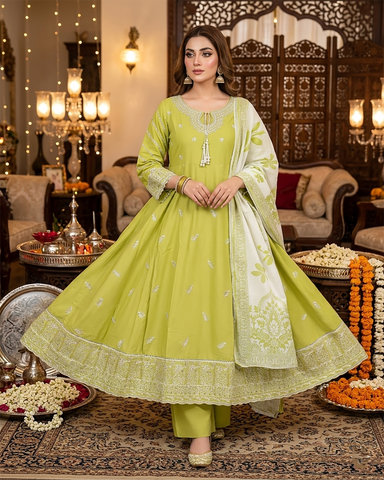 Designer Three Piece Frock | Embroidered - Anmol 2 | Premium Lawn Cotton