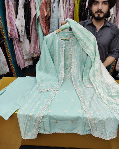 Designer Three Piece | Embroidered - Luxury Madhubala Gown | Premium Bareeze Lawn