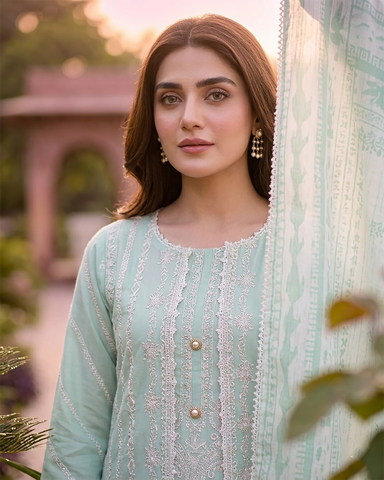 Designer Three Piece | Embroidered - Luxury Madhubala Gown | Premium Bareeze Lawn