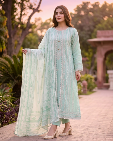 Designer Three Piece | Embroidered - Luxury Madhubala Gown | Premium Bareeze Lawn