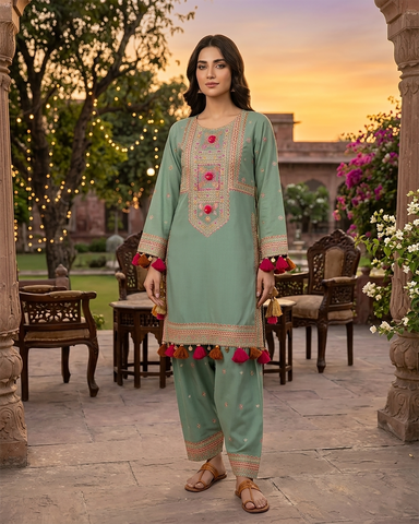 Designer Three Piece | Embroidered - Badshah Begum | Premium Plain Lawn