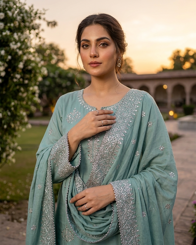 Designer Three Piece | Embroidered Handwork - Luxury Sakura | Premium Lawn