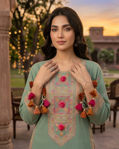 Designer Three Piece | Embroidered - Badshah Begum | Premium Plain Lawn