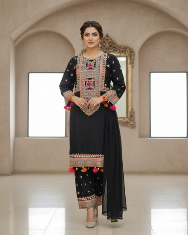 Designer Three Piece | Embroidered - Badshah Begum | Premium Khaddar