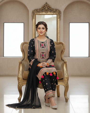 Designer Three Piece | Embroidered - Badshah Begum | Premium Khaddar