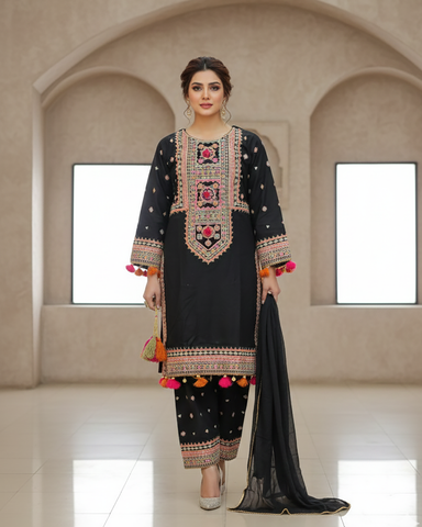 Designer Three Piece | Embroidered - Badshah Begum | Premium Khaddar