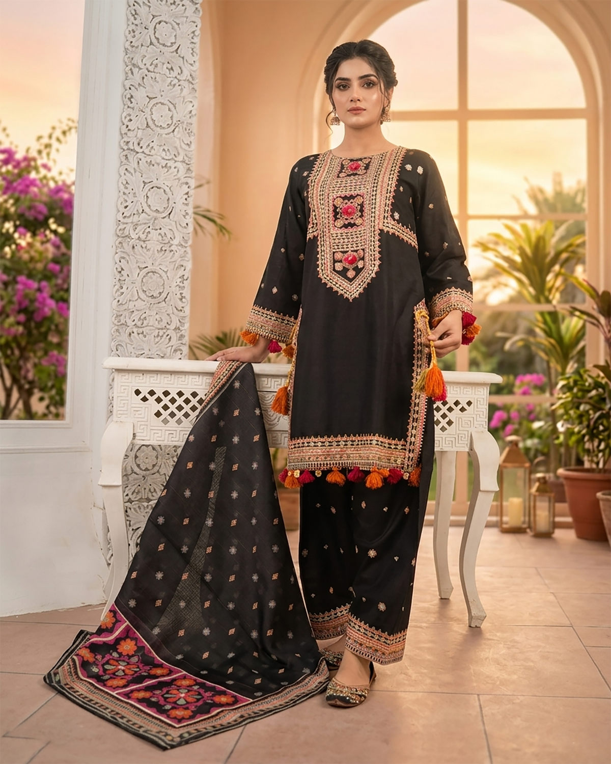 Designer Three Piece | Embroidered - Badshah Begum | Premium Plain Lawn