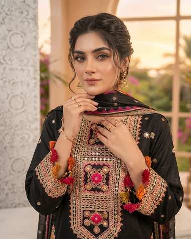 Designer Three Piece | Embroidered - Badshah Begum | Premium Plain Lawn