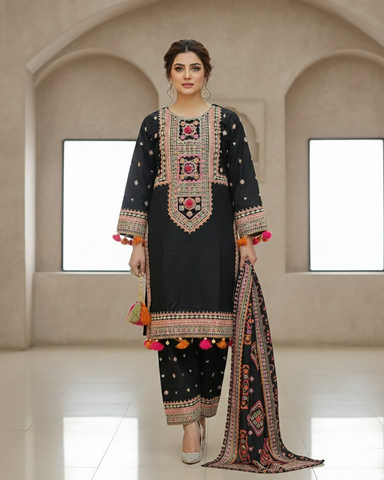 Designer Three Piece | Embroidered - Badshah Begum | Premium Khaddar