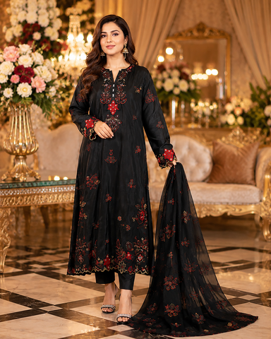 Designer Three Piece | Embroidered - Kaaftan | Premium Silk