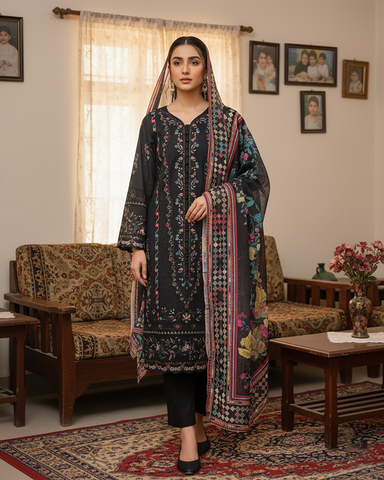 Designer Three Piece | Embroidered - Mehboob | Winter Cotton