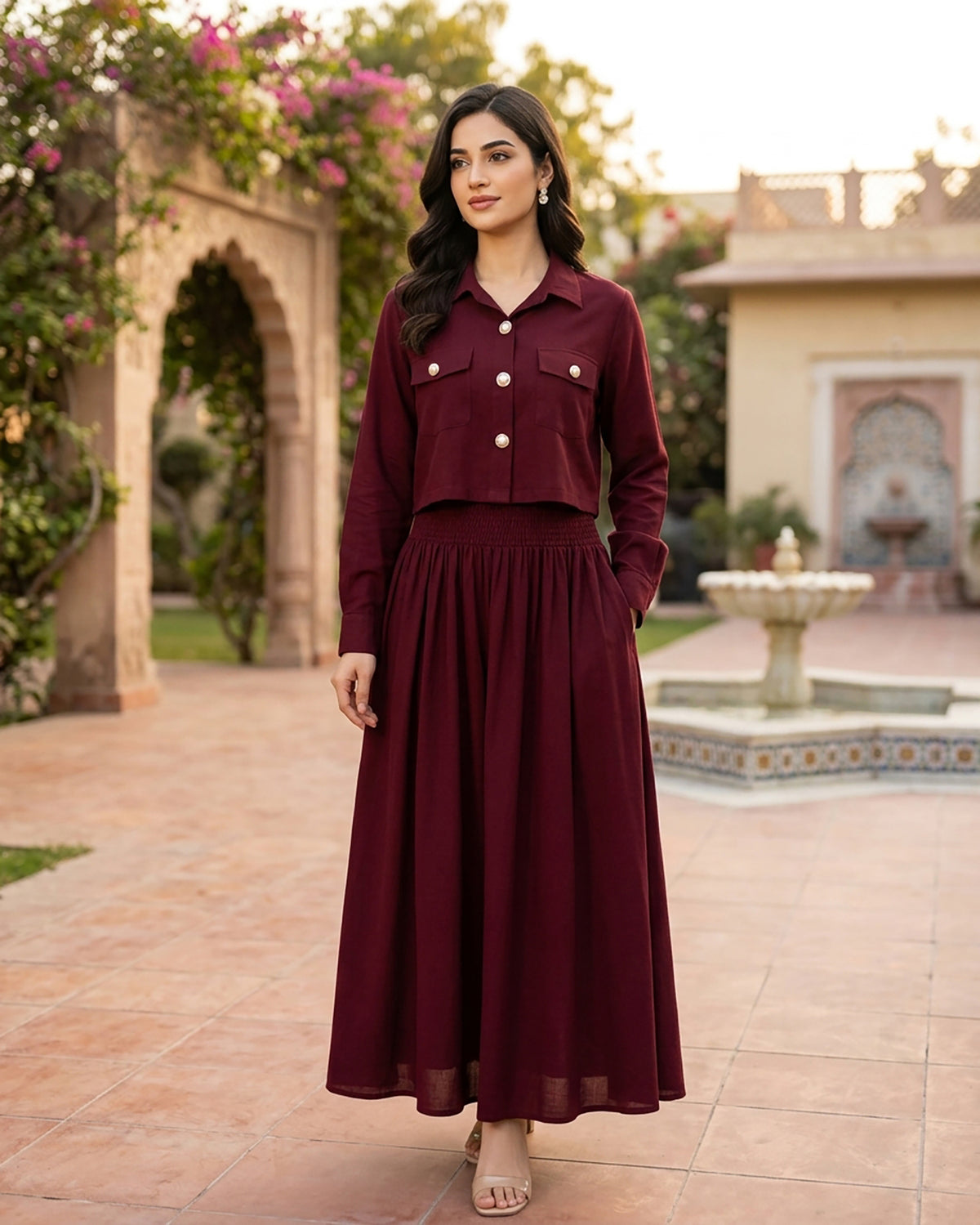 Cropped Jacket - Shirred Maxi -  Breathable Blended Western Fabric