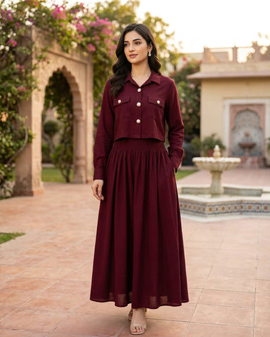 Cropped Jacket - Shirred Maxi -  Breathable Blended Western Fabric