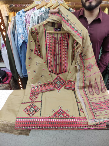 Designer Three Piece | Embroidered - Mushk | Premium Lawn Cotton